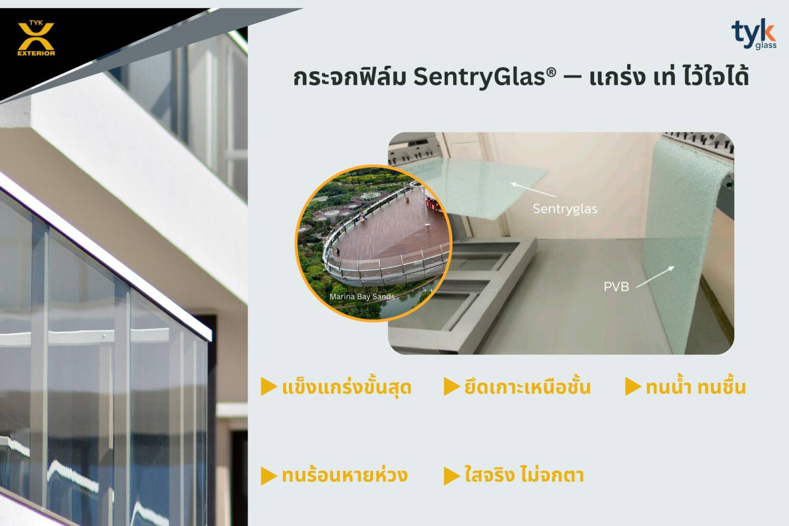 คุณสมบัติเด่นของกระจกที่ใช้ฟิล์ม SentryGlas®
