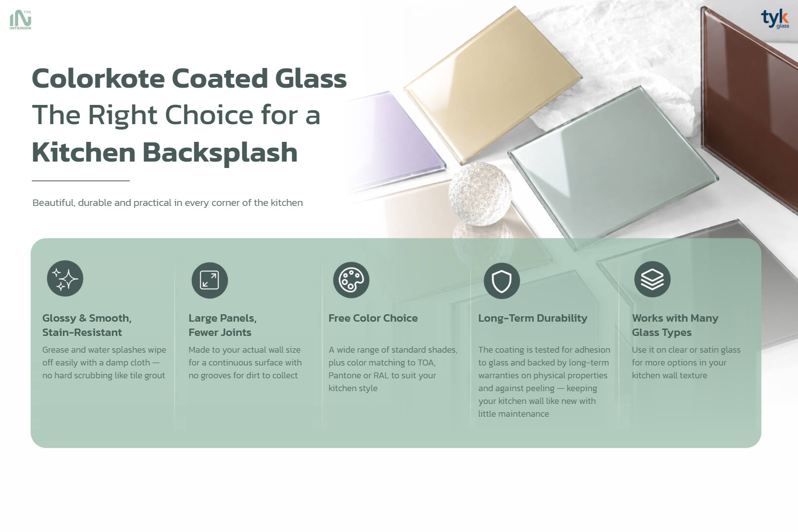 Colorkote coated glass features for kitchen backsplash