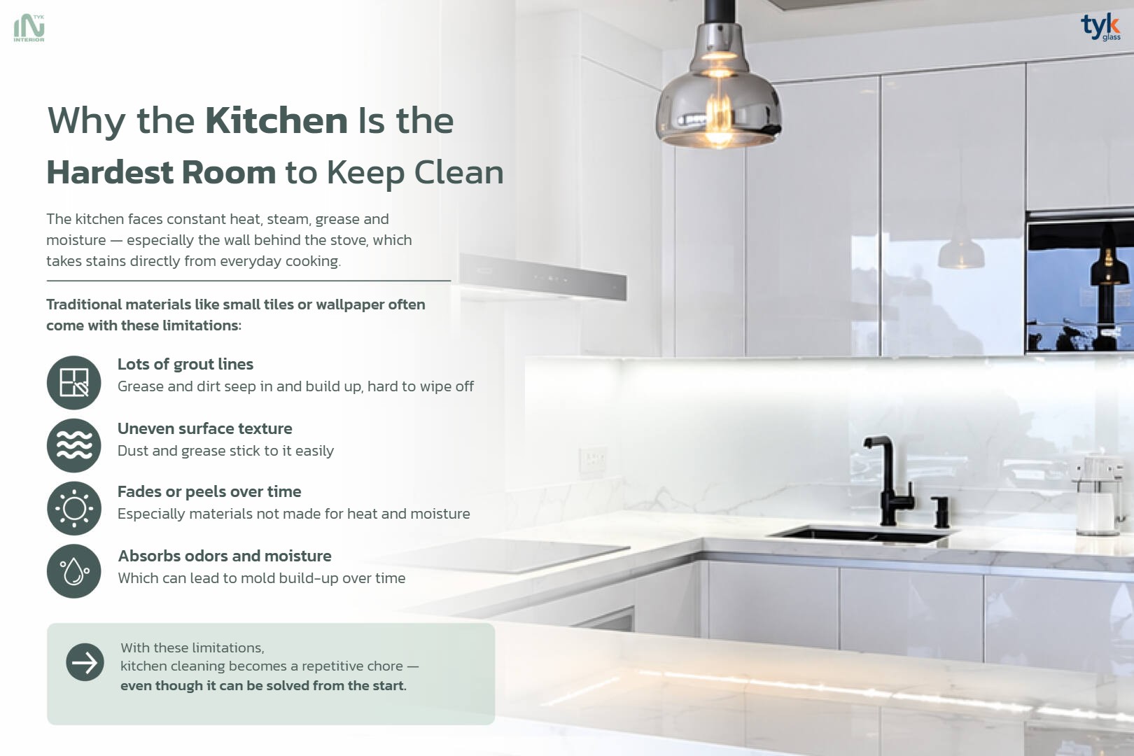 Why the kitchen is the hardest room to keep clean – limitations of tiles and wallpaper